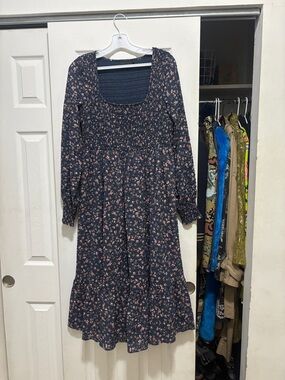 Hatch Navy Floral Smocked Midi Dress with Long Sleeves